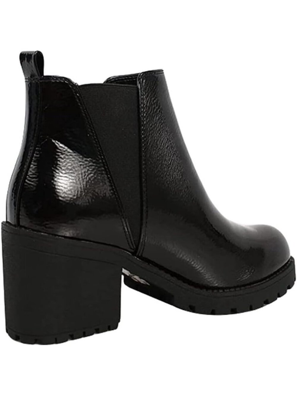 Women's Black Pat Origami Lug Sole Mid Heel Ankle Bootie Double Elastic Boot - Picture 4 of 5